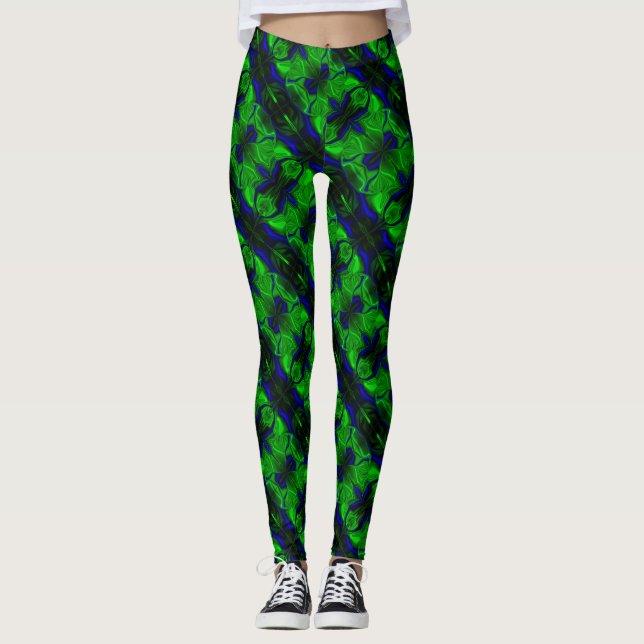 Leggings Traços e formas azuis sobre fundo verde. (Anverso)