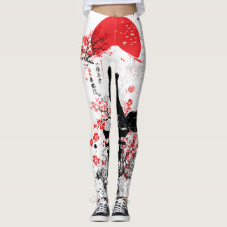 Leggings Traditional Red Black Japanese Kitsune Fox with Mo