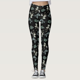 Leggings Trendy Green Black Botanical Leaves