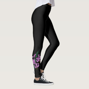 Leggings Tres flores moradas ~ Fondo negro ~ Único ~