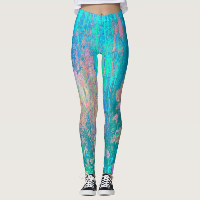 Leggings Trippy Aqua Sunrise con flores psicodélicas (Anverso)