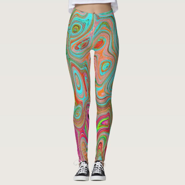 Leggings Trippy Retro Naranja y Aqua Groovy Resumen de arte (Anverso)