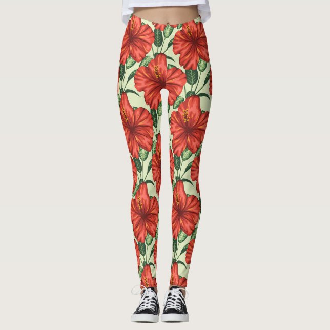Leggings Tropical floral seamless pattern red flowers (Anverso)