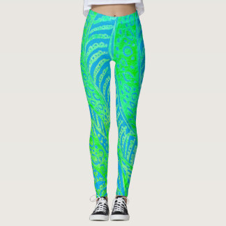 Leggings Tropical Pattern, Line Round Curve, Blue Turquoise