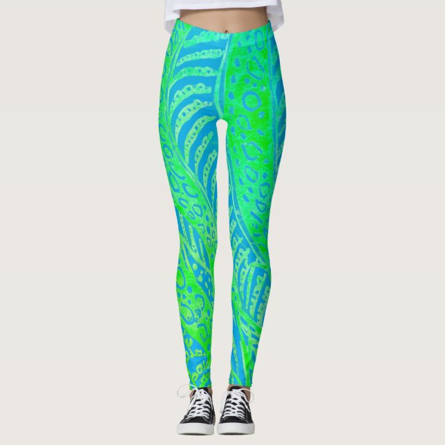 Leggings Tropical Pattern, Line Round Curve, Blue Turquoise (Anverso)