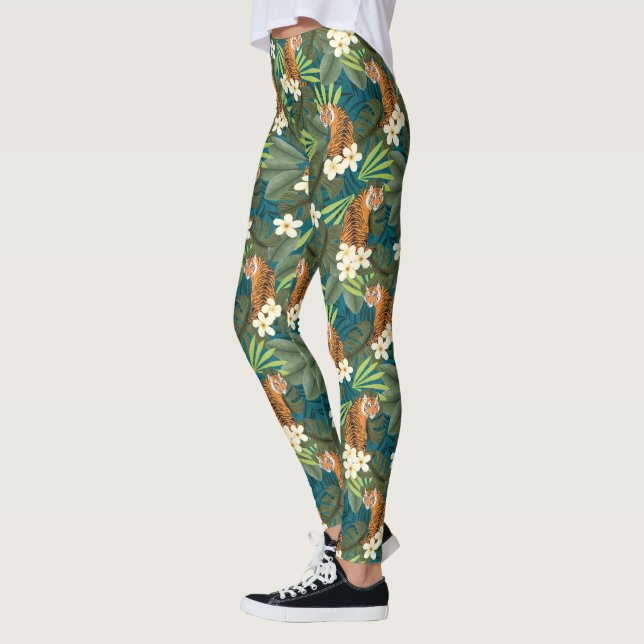 Leggings Tropical Tiger Hawaiian Palm Jungle Teal (Izquierda)