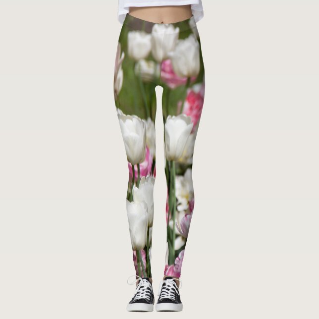 Leggings Tulipanes blancos y rosas brillantes en un día sol (Anverso)