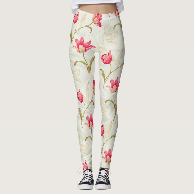 Leggings Tulipanes Crema que se despliega rosa (Anverso)