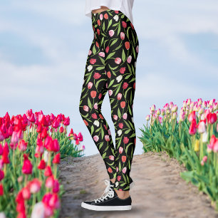 Leggings Tulipanes de primavera rojos y rosados Floral acua