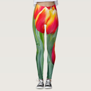 Leggings Tulipanes rojos y amarillos vibrantes en jardín de
