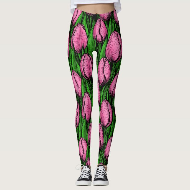 Leggings Tulipanes rosados con hojas verdes (Anverso)