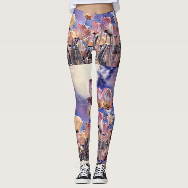 Leggings Tulipanes rosados y naranjas morados (Anverso)