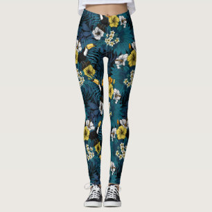 Leggings Turcanos y flora tropical, azul , amarillo , naran