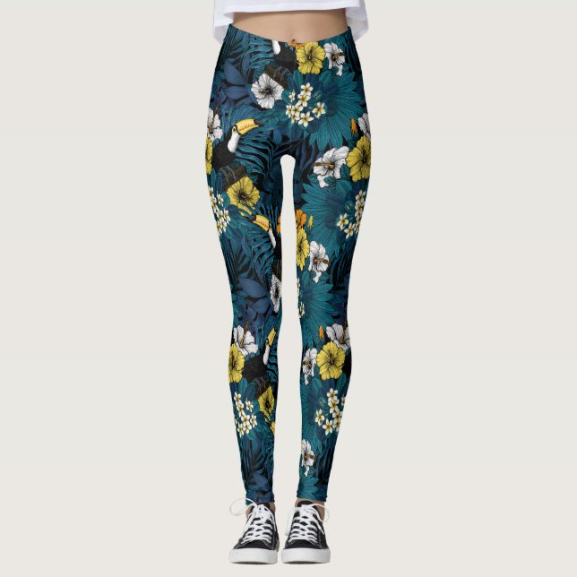 Leggings Turcanos y flora tropical, azul , amarillo , naran (Anverso)