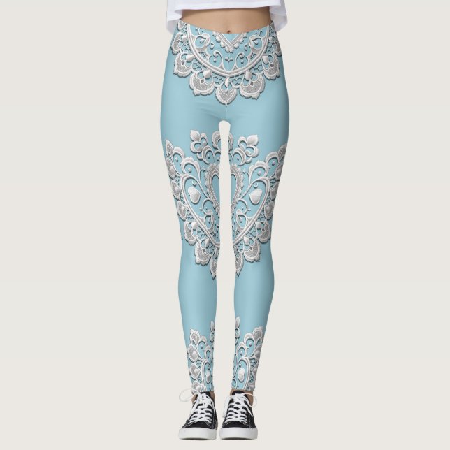 Leggings Turquesa Azul Blanco Encaje Corazón Boda Nupcial (Anverso)