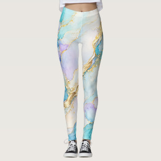Leggings Turquesa Azul Púrpura Oro Mármol Floral Abstracto