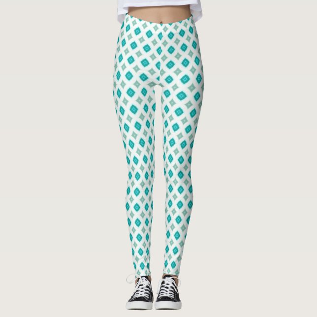Leggings Turquesa Brillante y Geométrico Ogee Blanco (Anverso)