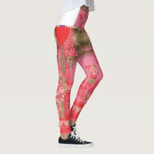 Leggings un diseño de fondo rosa y dorado con un rojo