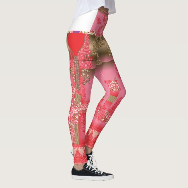 Leggings un diseño de fondo rosa y dorado con un rojo (Derecha)