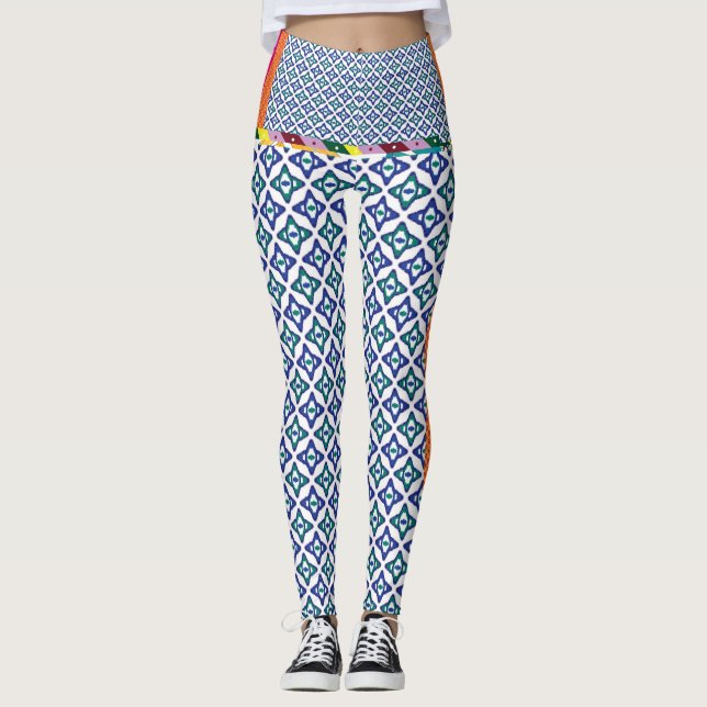 Leggings un patrón azul y verde con fondo blanco (Anverso)