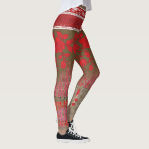 Leggings un patrón cruzado con flores y vides rojas