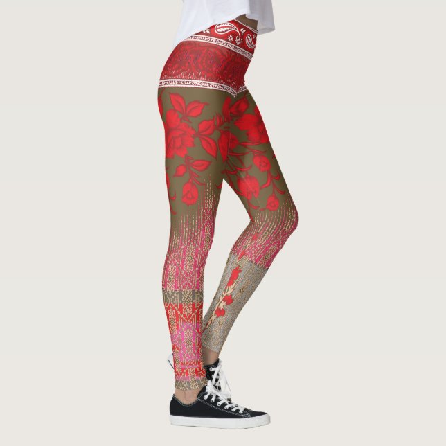 Leggings un patrón cruzado con flores y vides rojas (Derecha)