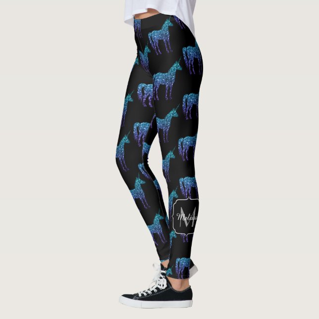 Leggings Unicorn Sparkles aqua patrón oscuro azul Monograma (Izquierda)