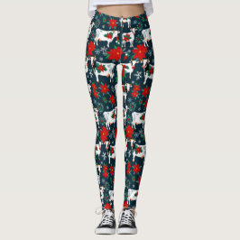 Leggings Vacas navidades con flores de Poinsettias Rojas
