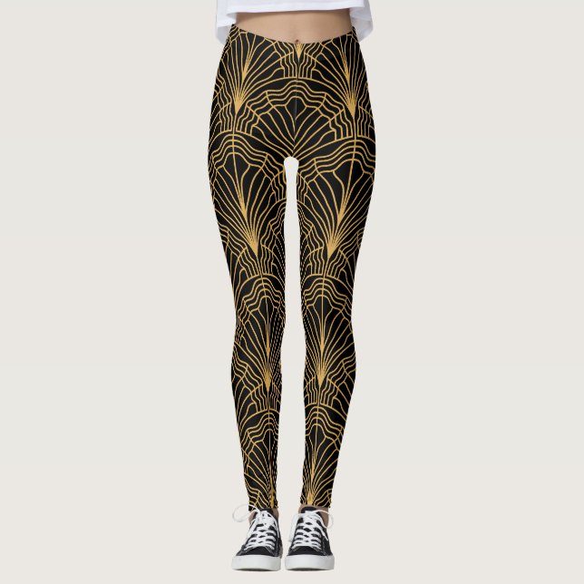 Leggings Ventilador Art Deco: Negro amarillo geométrico (Anverso)