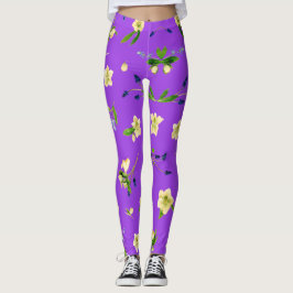 Leggings Verano de patrón floral sobre fondo violeta brilla