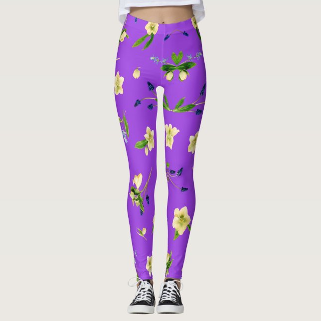 Leggings Verano de patrón floral sobre fondo violeta brilla (Anverso)