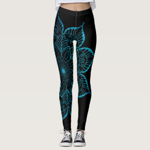 Leggings Verde azulada falsa Purpurina Mandala en negro