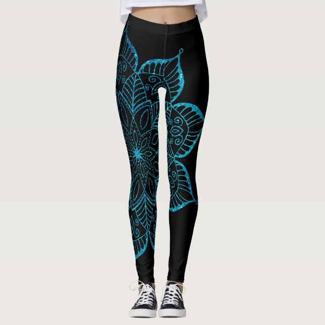 Leggings Verde azulada falsa Purpurina Mandala en negro (Anverso)