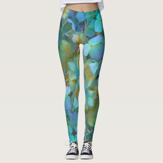 Leggings Verde azulado azul amarillo rosa hortensias flores (Anverso)