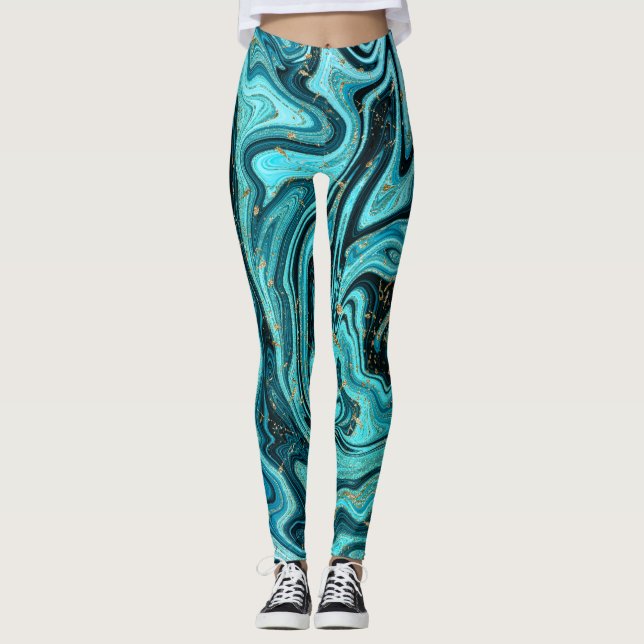 Leggings Verde azulado Blue & Gold Moda Swirl Resumen moder (Anverso)