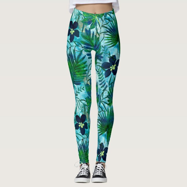 Leggings Verde azulado del Jardín Tropical de Nalani Hawaii (Anverso)