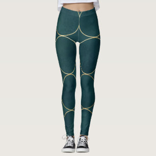Leggings Verde azulado oscuro, Círculos dorados acuarela.