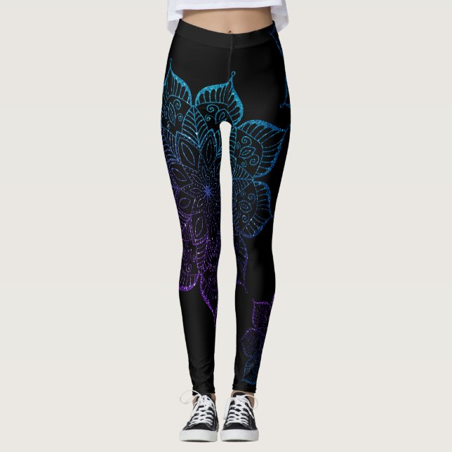 Leggings Verde azulado y morado Ombre Faux Purpurina Mandal (Anverso)