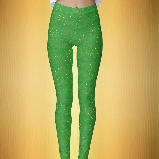 Leggings Verde brillante festivo cubierto en pequeños ecopu (Festive sparkle like womans leggings in bright green covered with tiny gold flecks.)