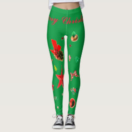 Leggings Verde con adornos de Navidad rojos Leyendas