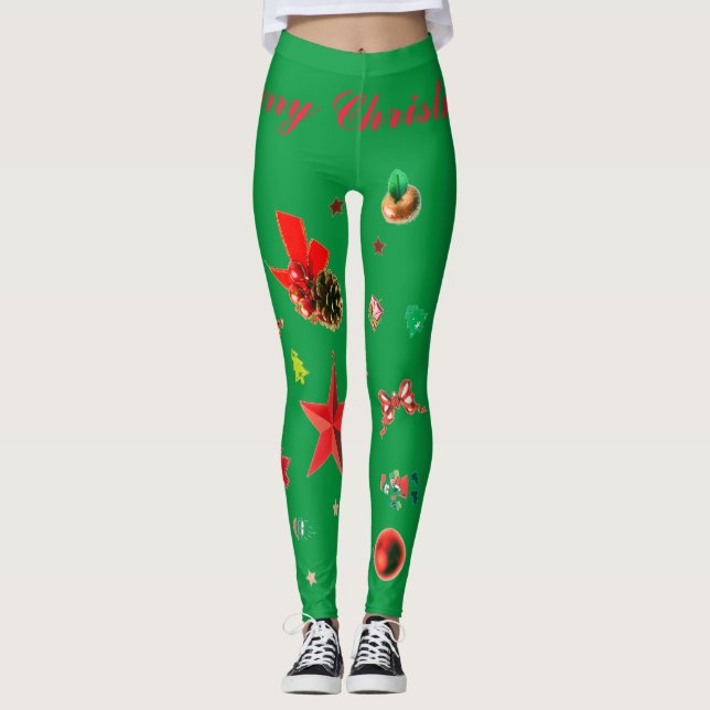Leggings Verde con adornos de Navidad rojos Leyendas (Anverso)