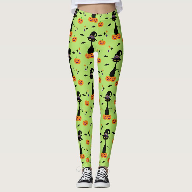 Leggings Verde del gato de Halloween atómico de mediados de (Anverso)