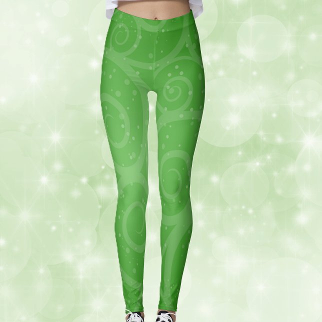 Leggings Verde festivo con remolinos y círculos (Pretty festive abstract green with swirl pattern and dots on womans leggings.)