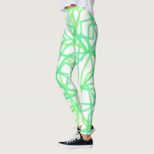 Leggings Verde Lima y Abstracto de Garabatos Rayado Blanco