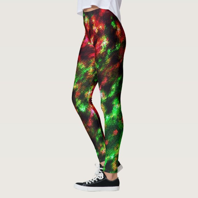 Leggings Verde manchado, efecto de pluma de naranja a rojiz (Izquierda)