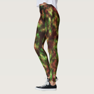 Leggings Verde manchado, marrón rojo con efecto plumas.