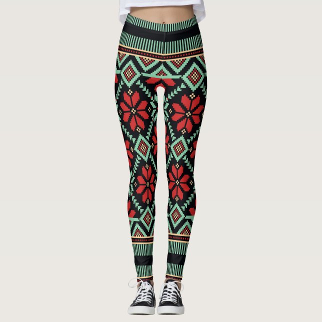 Leggings Verde negro rojo del modelo floral nórdico del (Anverso)