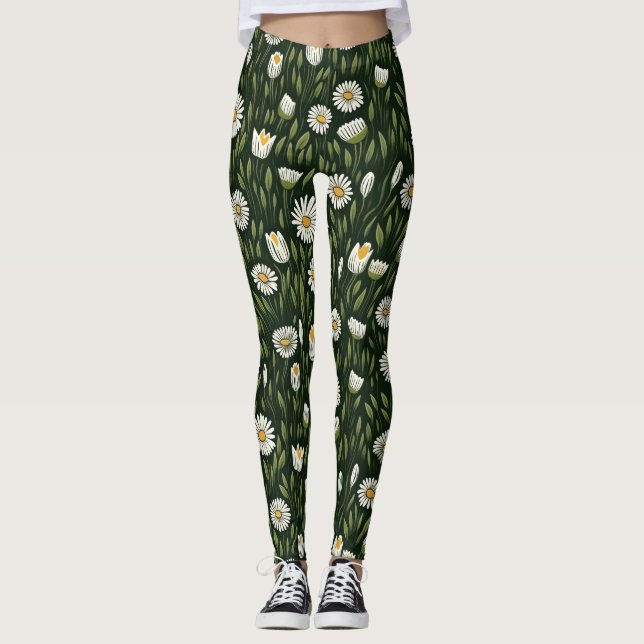 Leggings Vibrant Daisy Pattern with Lush Green Accents (Anverso)