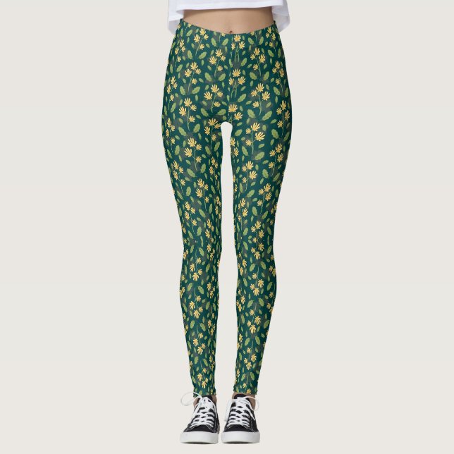 Leggings Vibrant Green Pattern with Yellow Flowers & Leaves (Anverso)