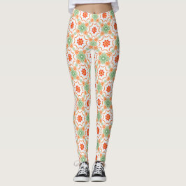 Leggings Vibrant Green & Terracotta Floral Diamond Pattern 